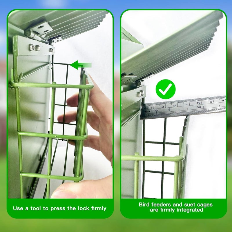 FlowaFoli Bird Feeders for Outdoors, Metal Bird Feeder with Double Suet Cage Weatherproof Metal Roof, 2 in 1 Mixed Seeds Suet Feeder, 4Lbs Large Capacity, Great for Finch、Cardinal、Chickadee（Green） - Image 2